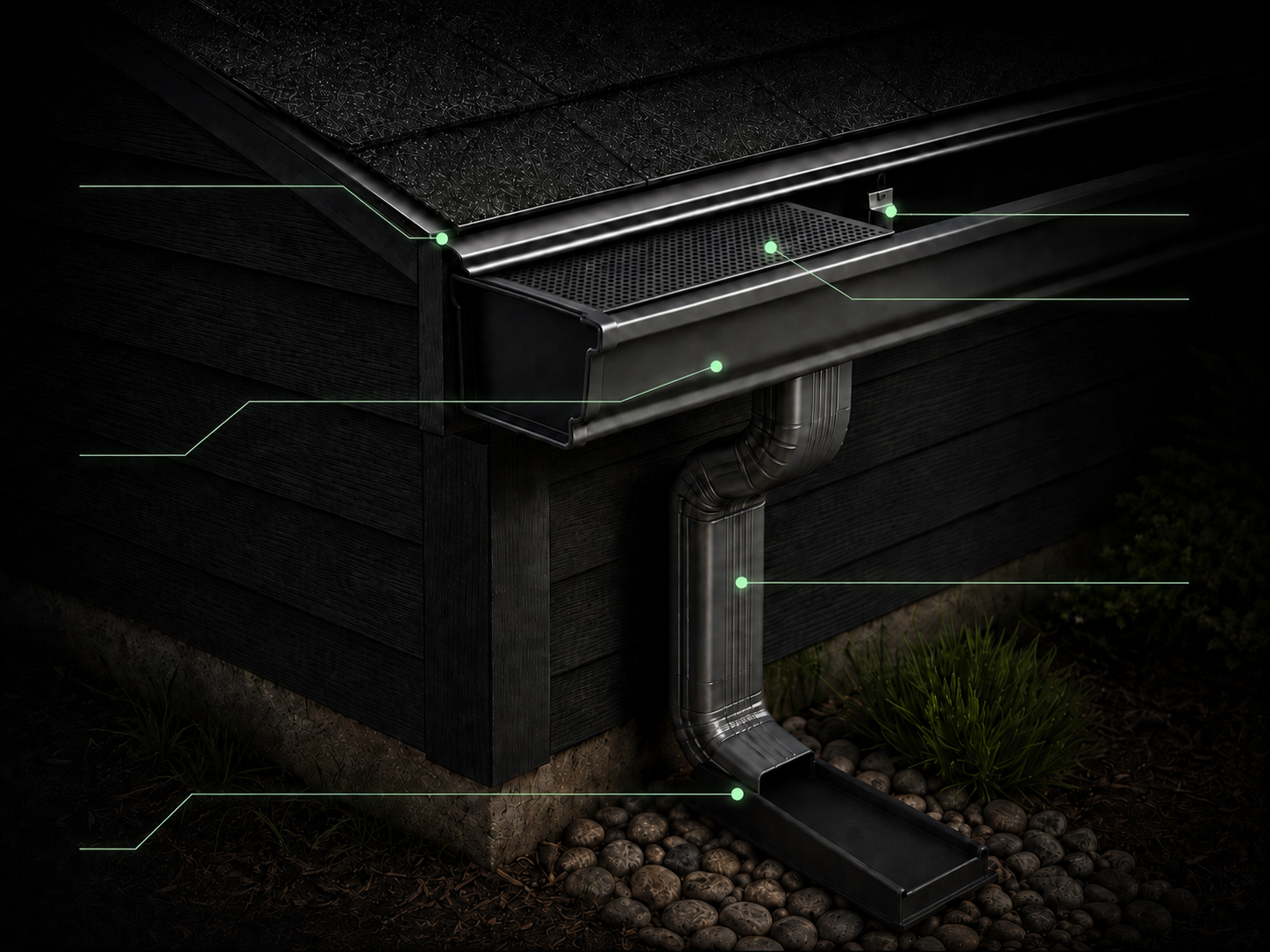 Annotated diagram of A&A seamless gutter system showing drip edge, hidden hangers, K-style profile, downspout, and splash drain